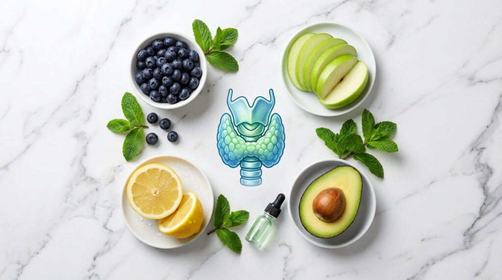 Fresh fruits including blueberries, lemon, green apple, and avocado arranged around a thyroid illustration on marble surface.