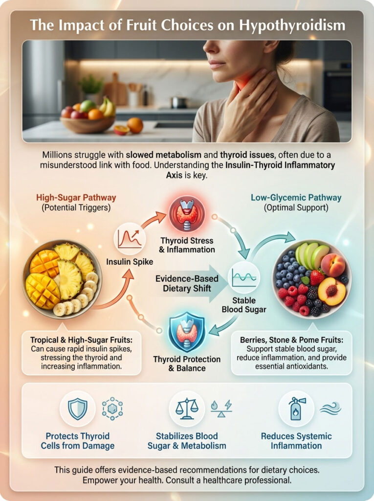 Infographic showing the impact of fruit choices on hypothyroidism, including pathways and dietary recommendations.