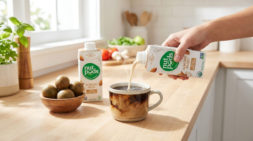 A person pours Nut Pods almond milk into a coffee cup on a wooden table with a bowl of fruit nearby.