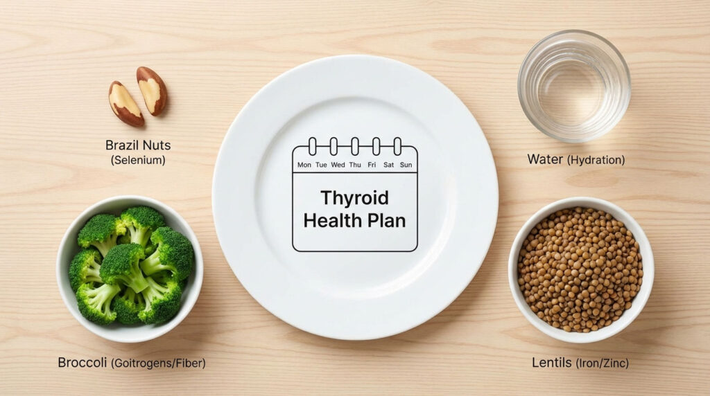 A plate with a thyroid health plan, surrounded by broccoli, lentils, Brazil nuts, and a glass of water.