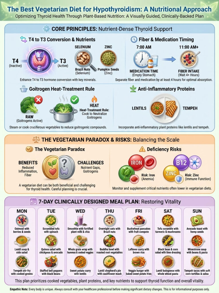 Infographic on vegetarian diet for hypothyroidism, detailing nutrients, meal plan, and benefits of anti-inflammatory foods.