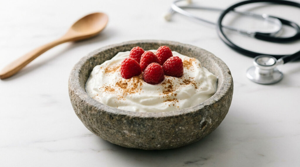 A bowl of yogurt topped with raspberries and cinnamon beside a stethoscope on a marble surface.