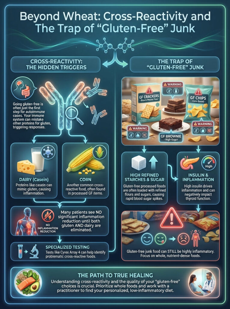 Infographic showing gluten-free cross-reactivity, highlighting dairy, corn, and junk food risks with warning icons.