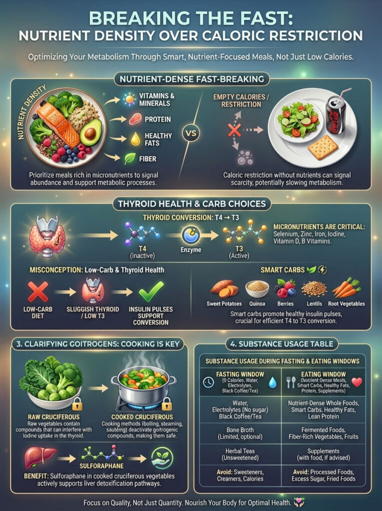 Infographic on nutrient density vs caloric restriction, featuring charts on thyroid health and food choices.