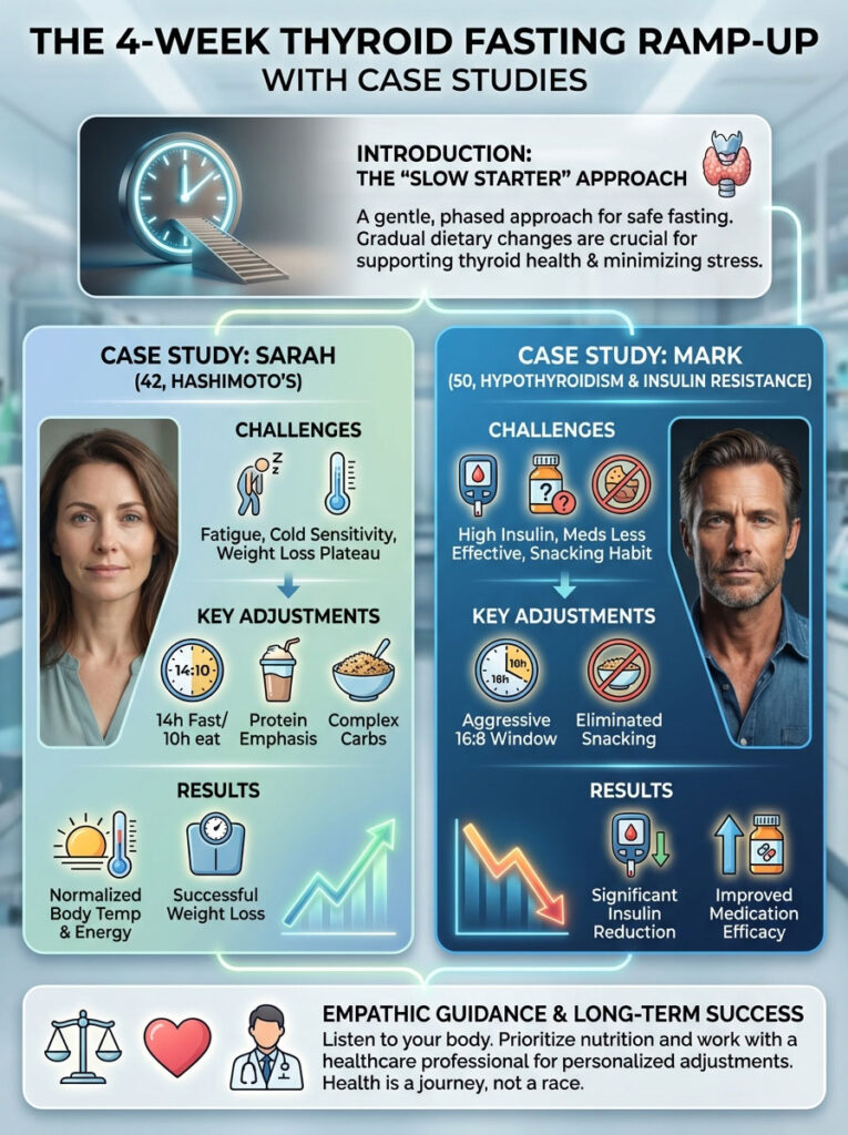 Infographic on thyroid fasting with case studies of Sarah and Mark, detailing challenges, adjustments, and results.
