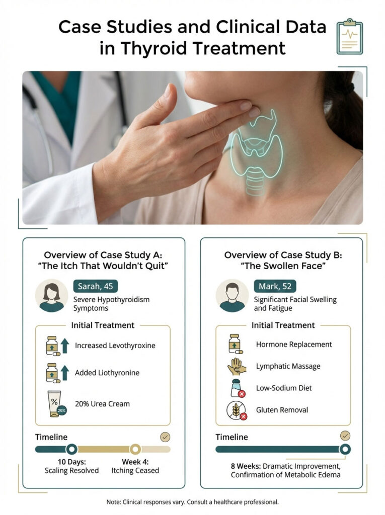 Infographic showing case studies in thyroid treatment, detailing symptoms, treatments, and timelines for two patients.