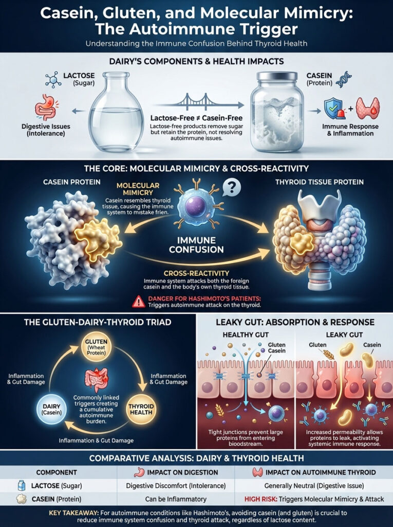 Infographic explaining casein, gluten, and molecular mimicry's impact on thyroid health with charts and illustrations.