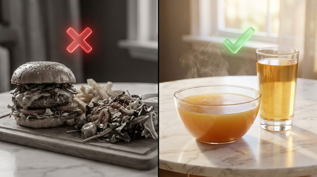 A burger with fries and salad on the left, and a steaming bowl of soup with a glass of drink on the right.