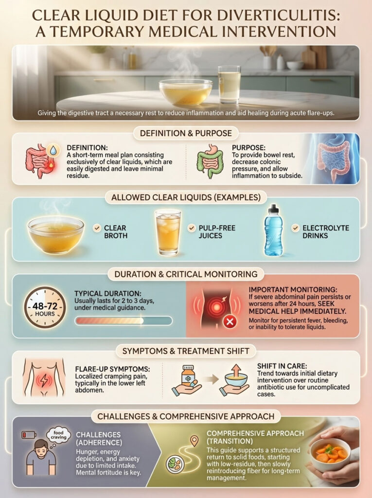 Infographic explaining clear liquid diet for diverticulitis, including definitions, allowed liquids, duration, symptoms, and challenges.