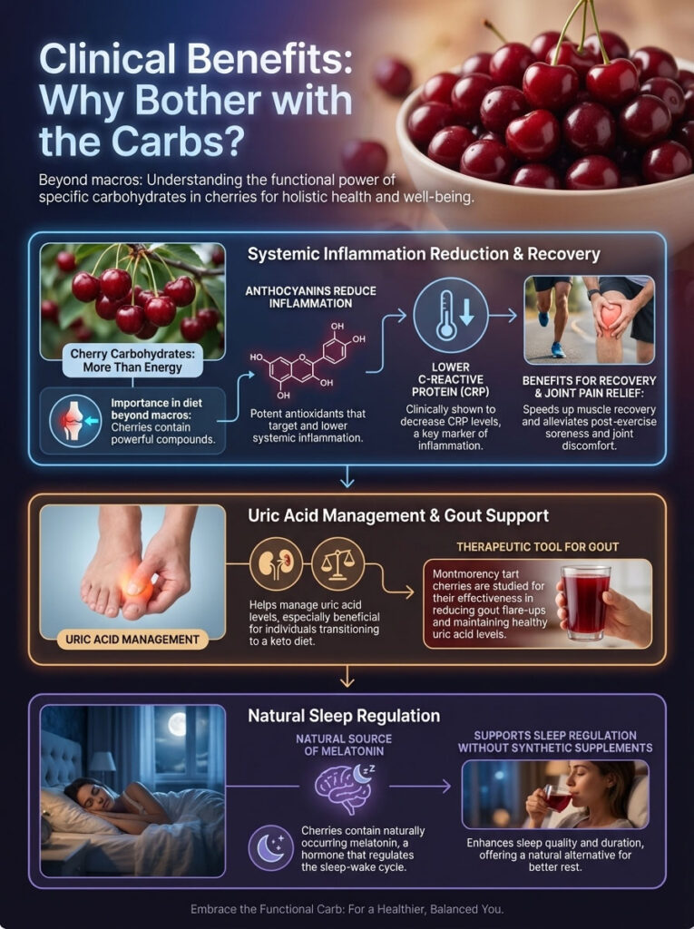 Infographic detailing the health benefits of cherries, including inflammation reduction, uric acid management, and sleep regulation.
