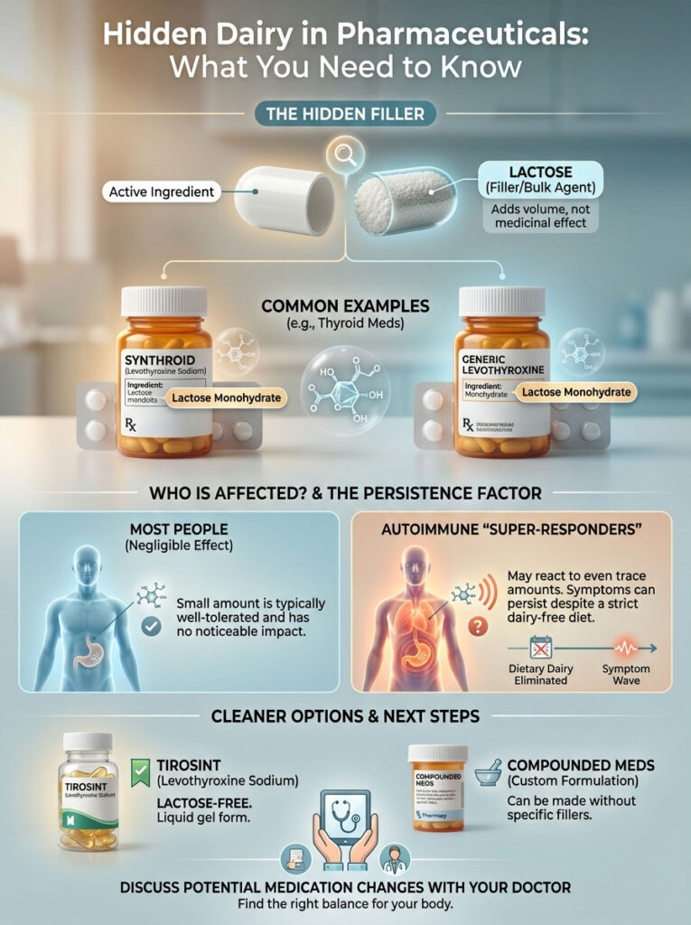 Infographic showing hidden dairy in pharmaceuticals, highlighting lactose in medications and affected individuals.