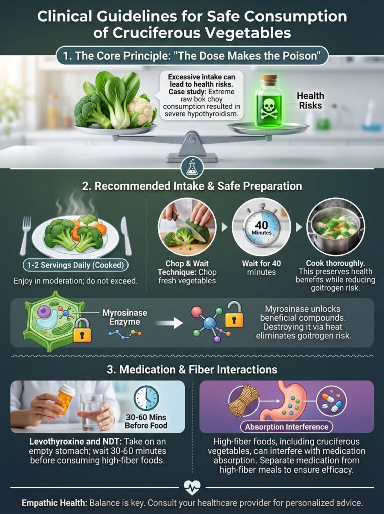 Infographic detailing guidelines for safe consumption of cruciferous vegetables, including preparation methods and health risks.