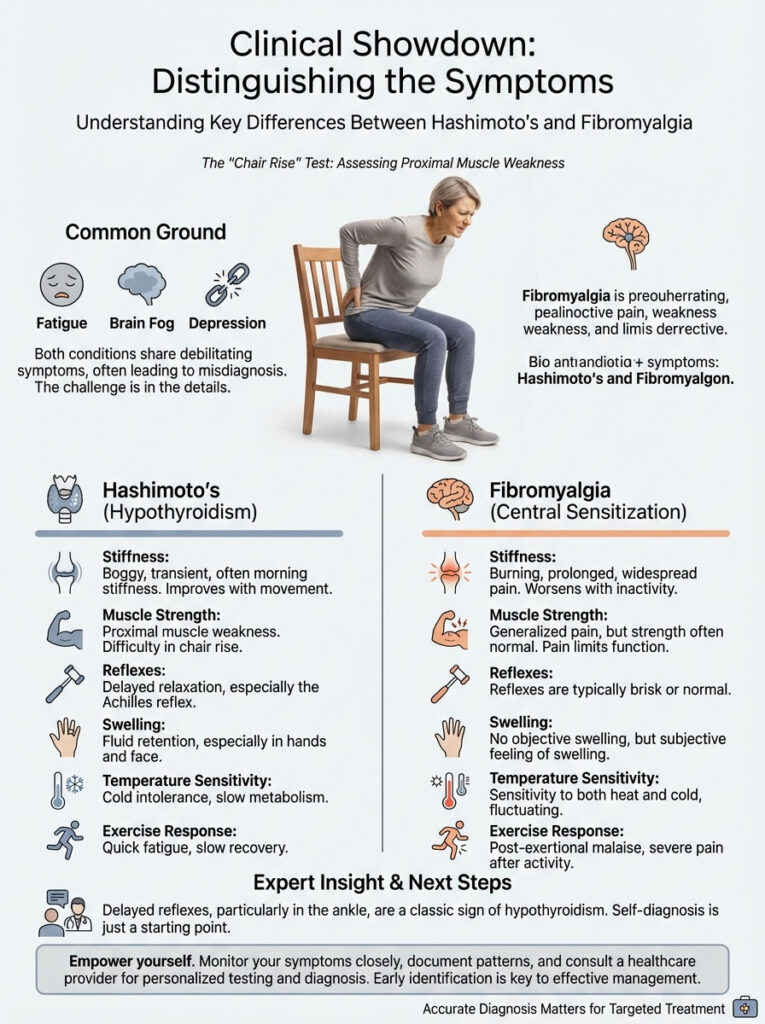 Infographic comparing symptoms of Hashimoto's and Fibromyalgia, highlighting key differences in stiffness, muscle strength, and more.