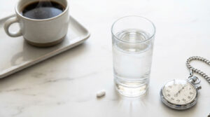 A cup of coffee, a glass of water, a pill, and a stopwatch on a marble surface.