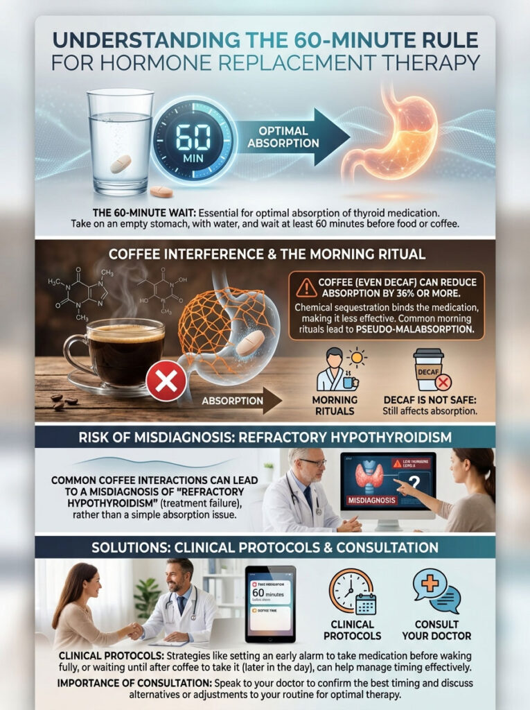Infographic explaining the 60-minute rule for hormone replacement therapy with charts and icons on absorption and coffee effects.