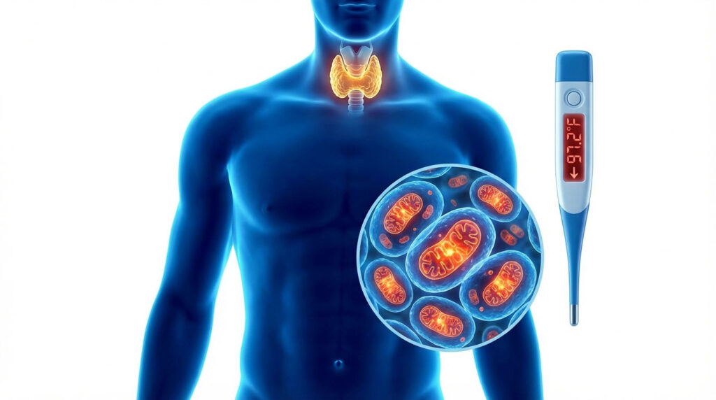 A blue silhouette of a human body with a thyroid gland and mitochondria illustration, alongside a digital thermometer.
