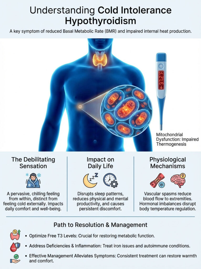 Infographic explaining cold intolerance in hypothyroidism with illustrations and key points on symptoms and management.