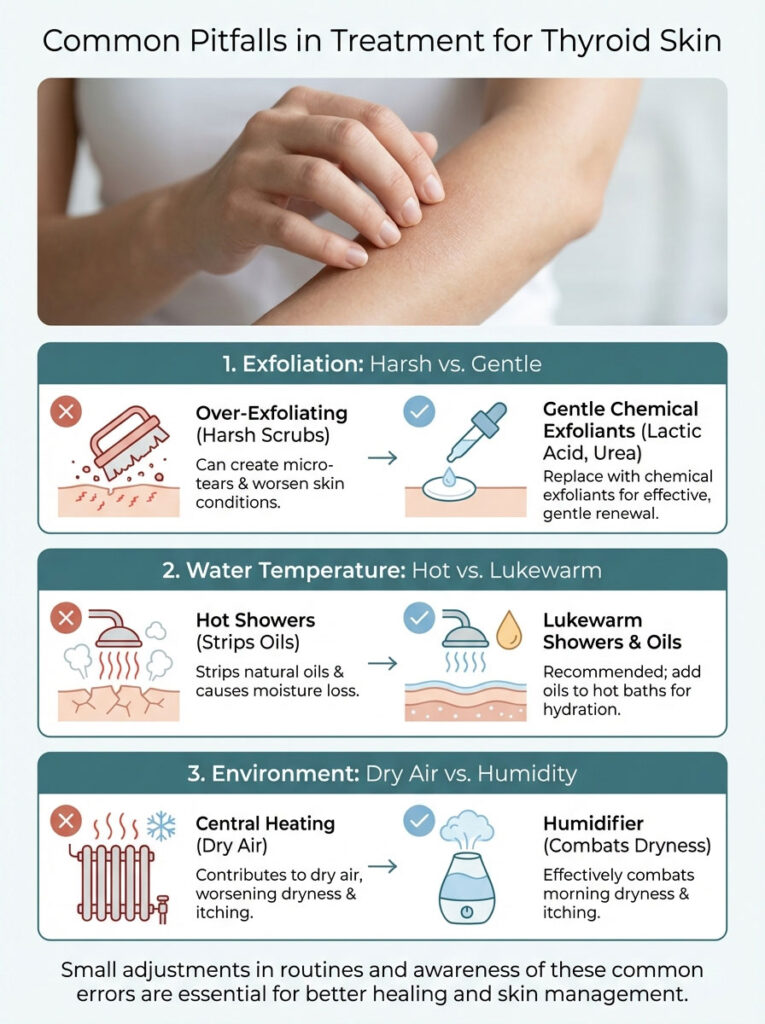 Infographic showing common pitfalls in thyroid skin treatment with tips on exfoliation, water temperature, and environment.