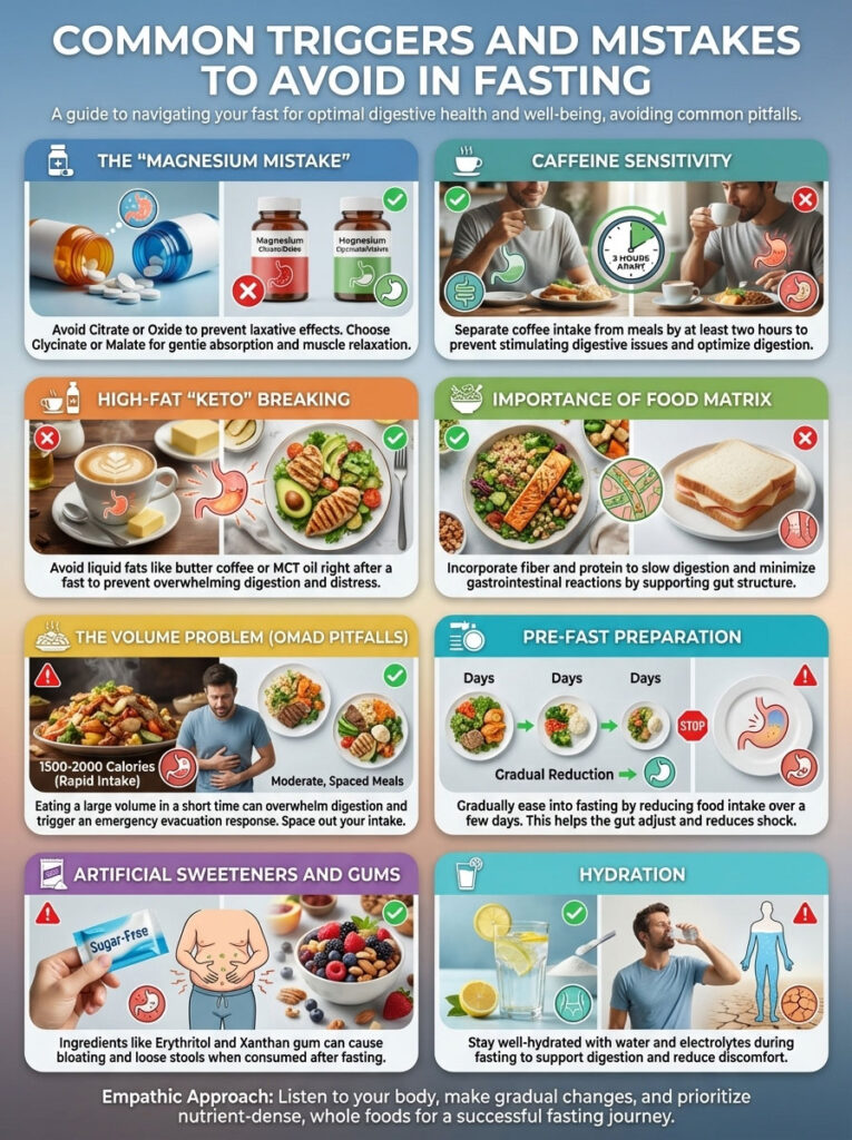 Infographic on fasting mistakes, featuring tips on magnesium, caffeine, food matrix, and hydration.