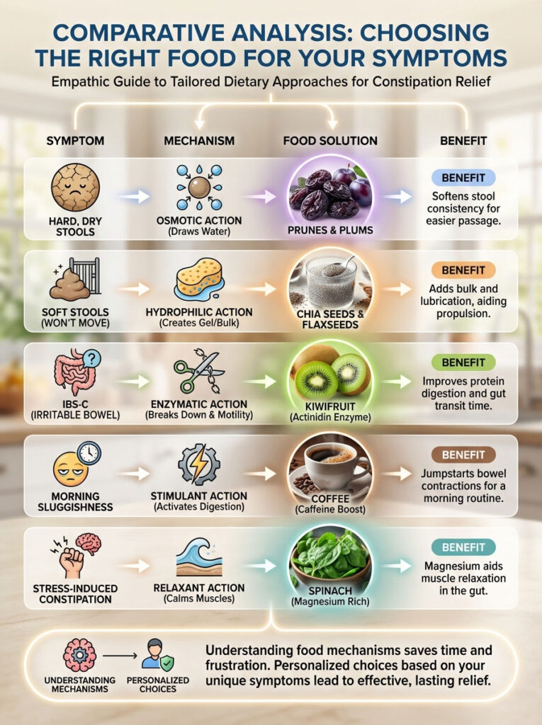Infographic comparing dietary solutions for constipation symptoms, showing food solutions and benefits for each symptom.