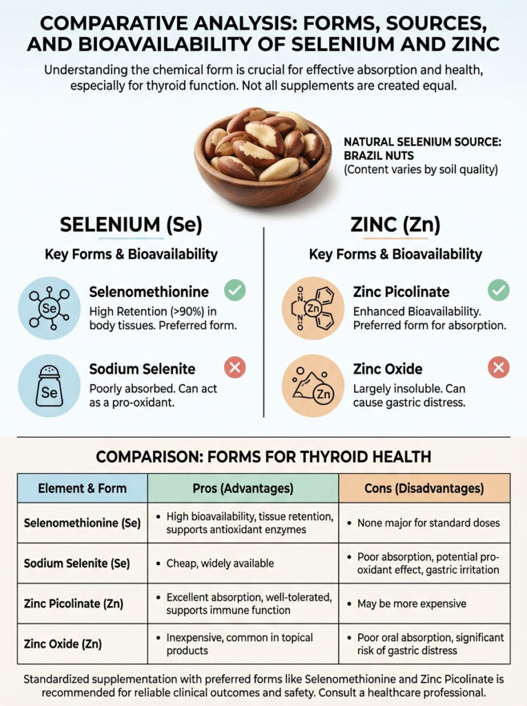 Infographic comparing selenium and zinc forms, sources, and bioavailability for thyroid health, with charts and icons.