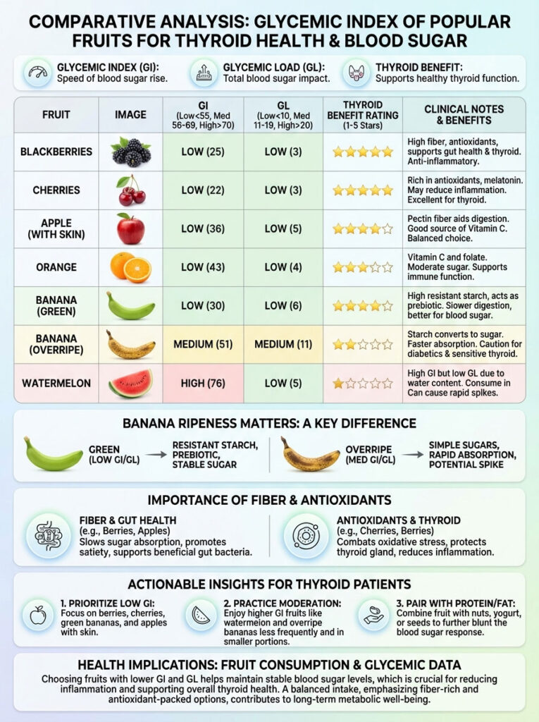 Infographic comparing glycemic index and load of fruits for thyroid health, featuring charts and data on various fruits.