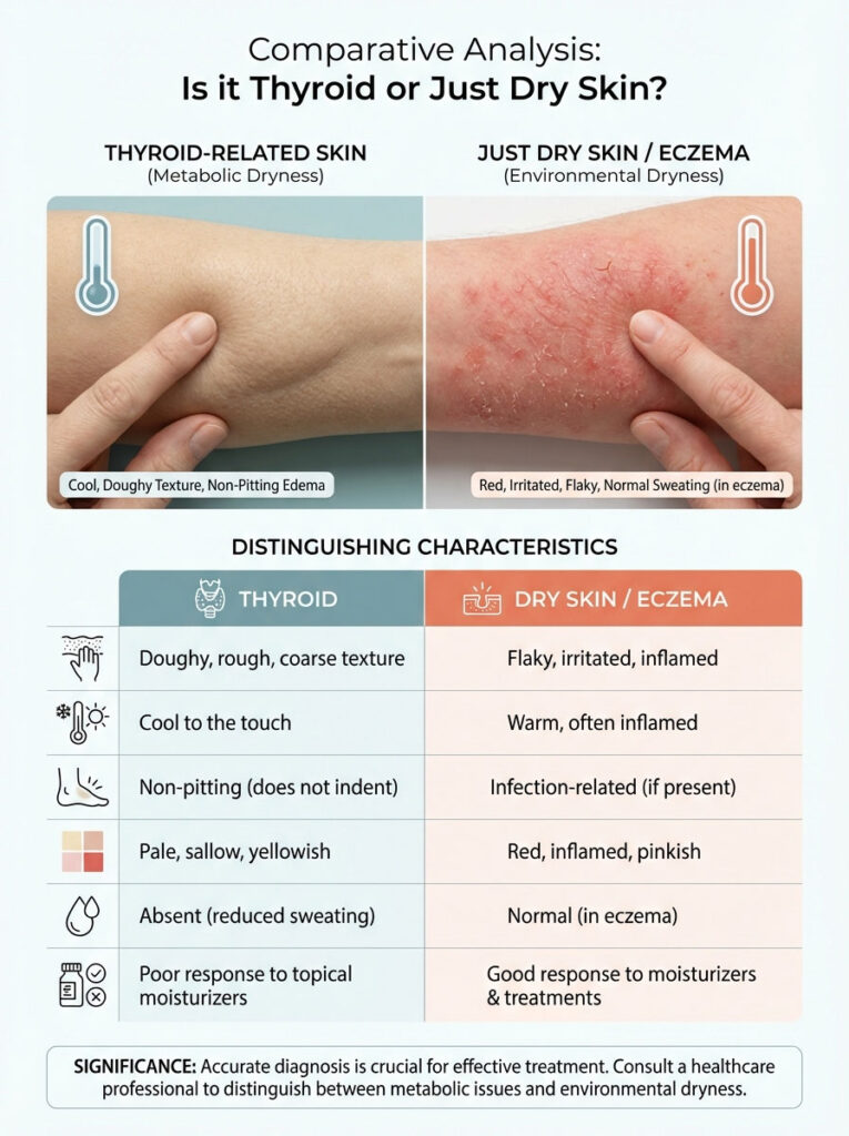 Comparative analysis of thyroid-related skin vs. dry skin/eczema with characteristics and images of each type. Infographic.