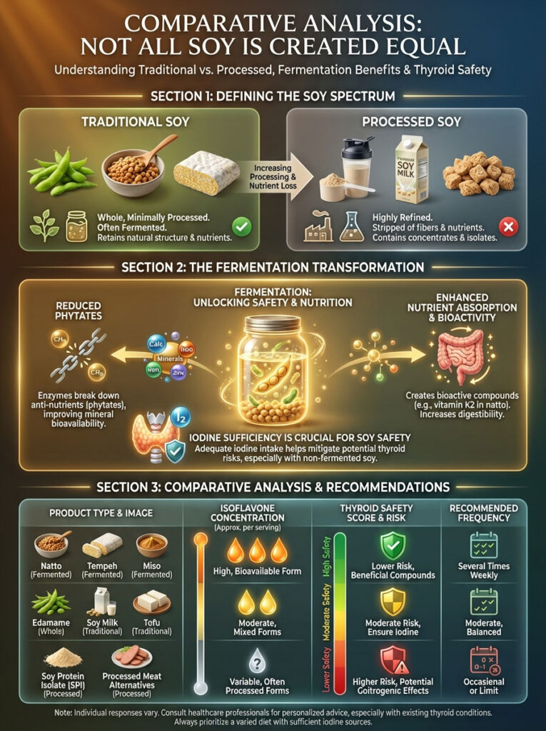 Infographic comparing traditional and processed soy, highlighting fermentation benefits and thyroid safety.