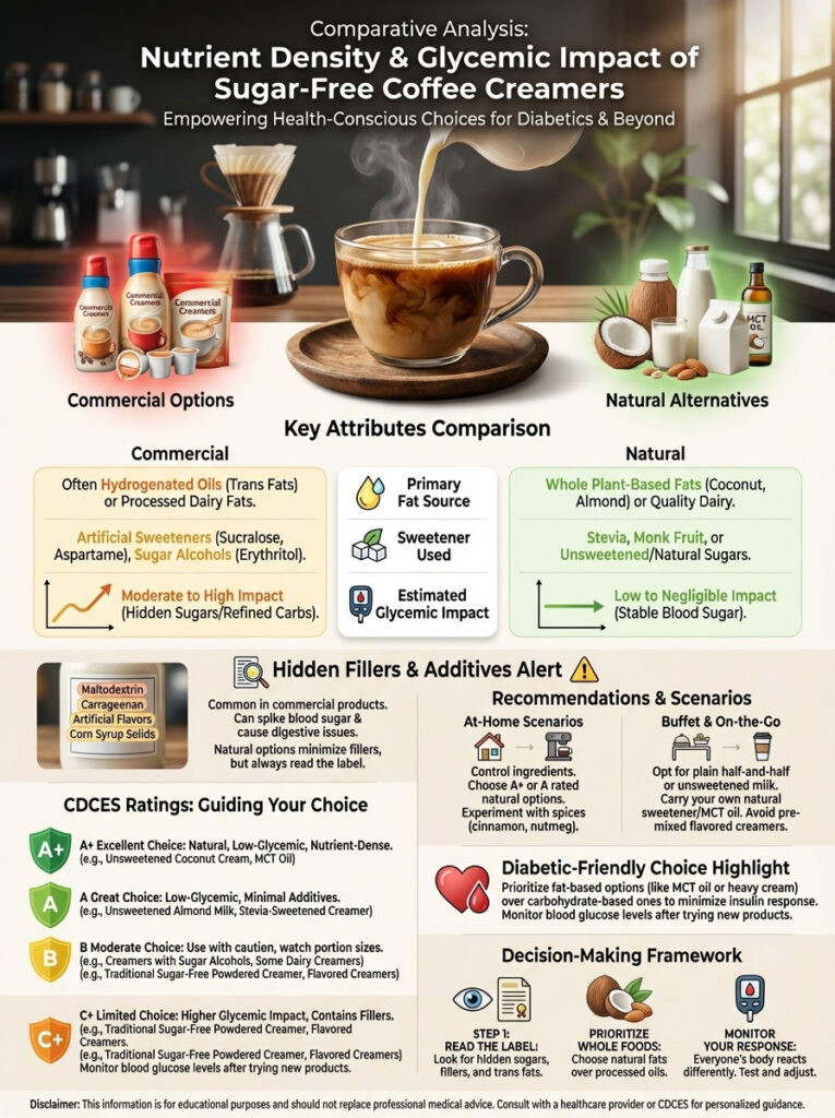 Infographic comparing nutrient density and glycemic impact of sugar-free coffee creamers with charts and recommendations.