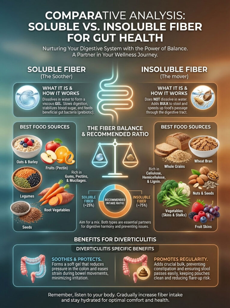 Comparative analysis infographic on soluble vs. insoluble fiber for gut health, detailing benefits and food sources.