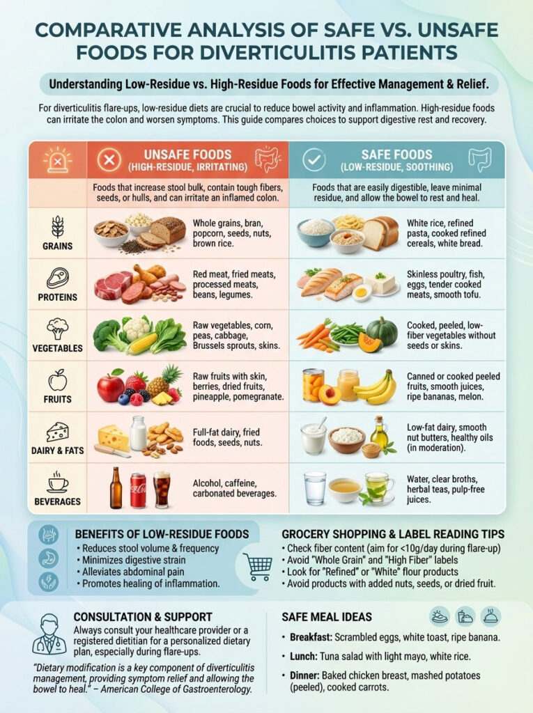 Infographic comparing safe and unsafe foods for diverticulitis patients, listing categories and examples for each.
