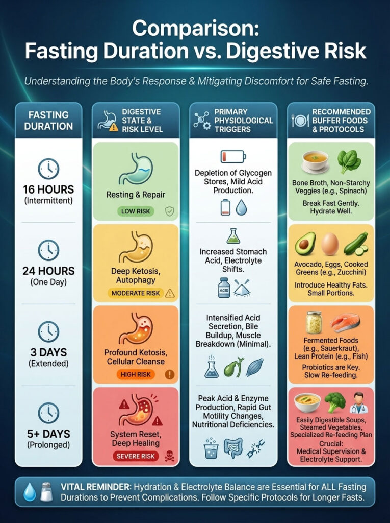 Infographic comparing fasting duration and digestive risk levels, showing physiological triggers and recommended foods.