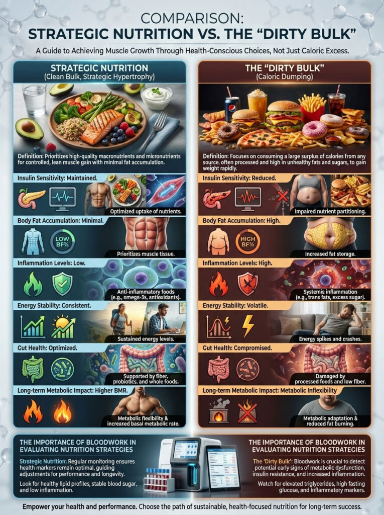 Comparison infographic detailing strategic nutrition vs. dirty bulk with charts, icons, and key data points on health impacts.