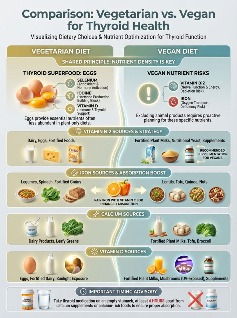 Infographic comparing vegetarian and vegan diets for thyroid health, highlighting nutrient sources and risks.