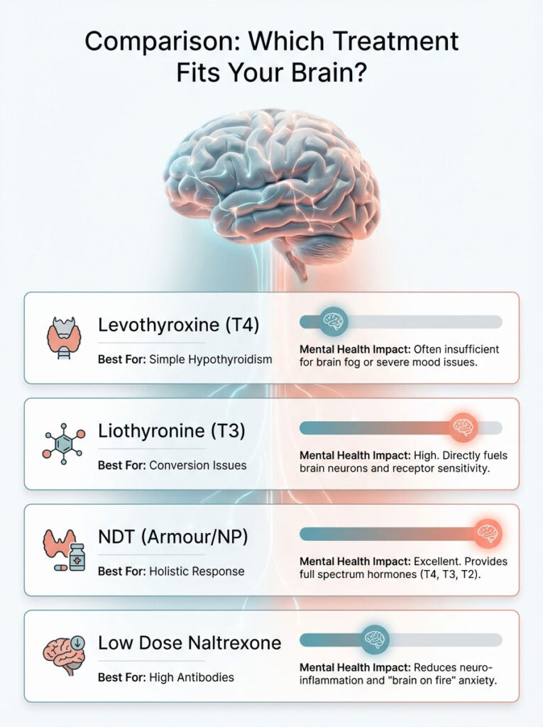 Infographic comparing treatments for brain health: Levothyroxine, Liothyronine, NDT, and Low Dose Naltrexone with mental health impacts.