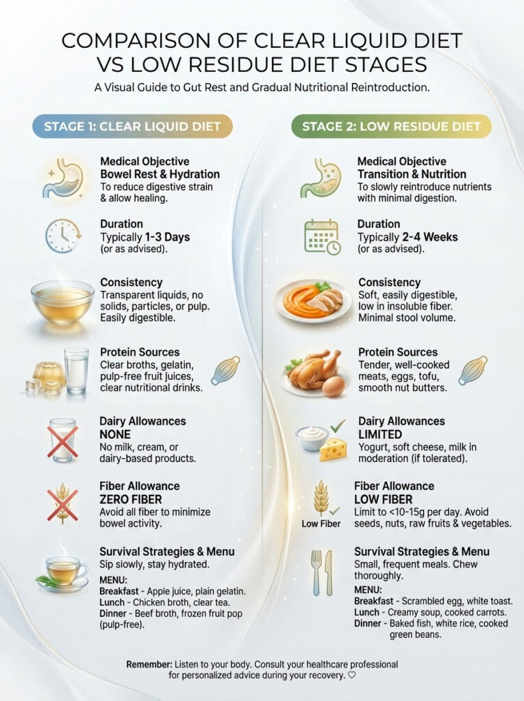 Comparison of clear liquid diet and low residue diet stages with icons, text, and menu examples.
