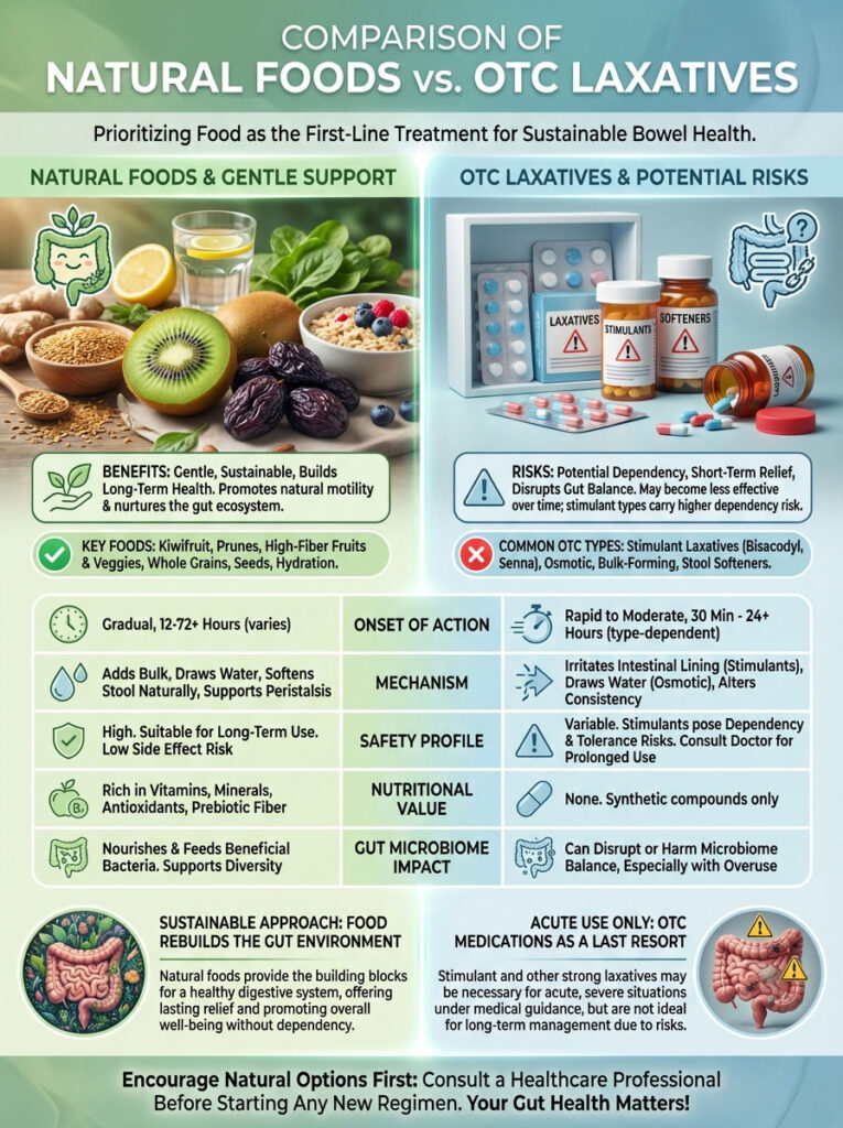 Comparison of natural foods and OTC laxatives, highlighting benefits, risks, and key foods for gut health. Infographic.