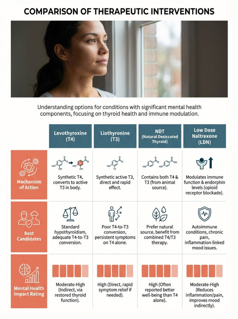Woman gazes out window; infographic compares thyroid treatments: Levothyroxine, Liothyronine, NDT, Low Dose Naltrexone.