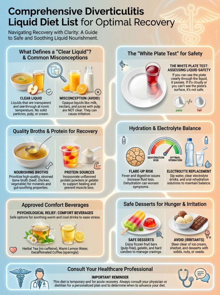 Infographic detailing a diverticulitis liquid diet, including clear liquids, broths, hydration, and safe desserts.