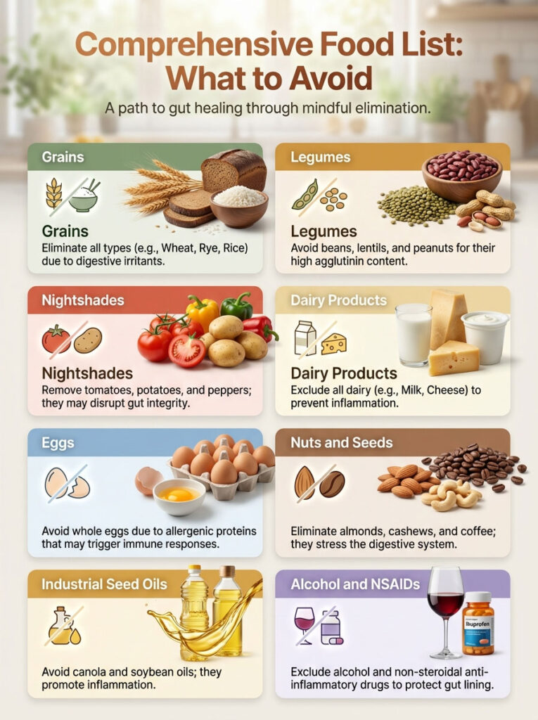 Comprehensive food list detailing items to avoid for gut healing, including grains, legumes, and nightshades. Infographic.