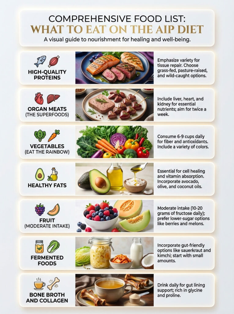 Infographic detailing AIP diet foods, including proteins, organ meats, vegetables, healthy fats, fruits, fermented foods, and bone broth.