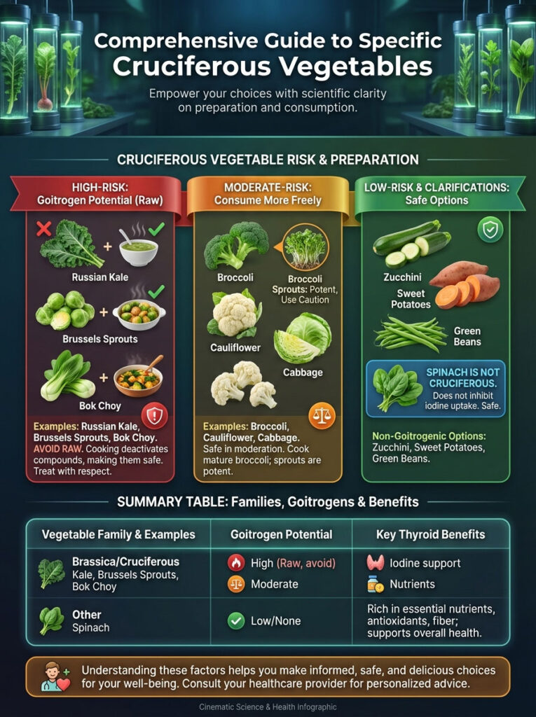Infographic detailing cruciferous vegetables' goitrogen potential and preparation guidelines with illustrations and charts.
