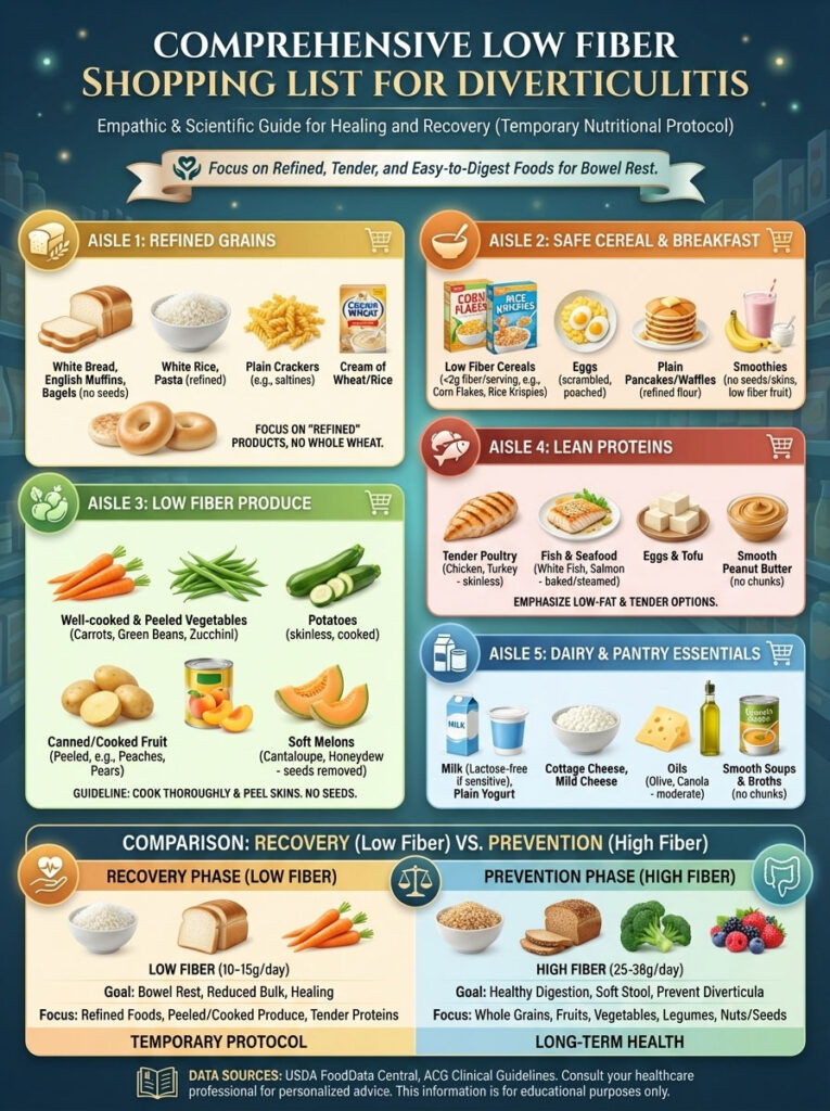 Comprehensive low fiber shopping list for diverticulitis, featuring food categories and guidelines for recovery. Infographic.
