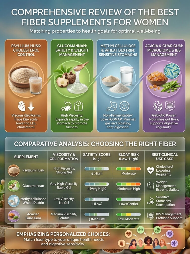 Infographic comparing fiber supplements for women, detailing types, benefits, and clinical uses.