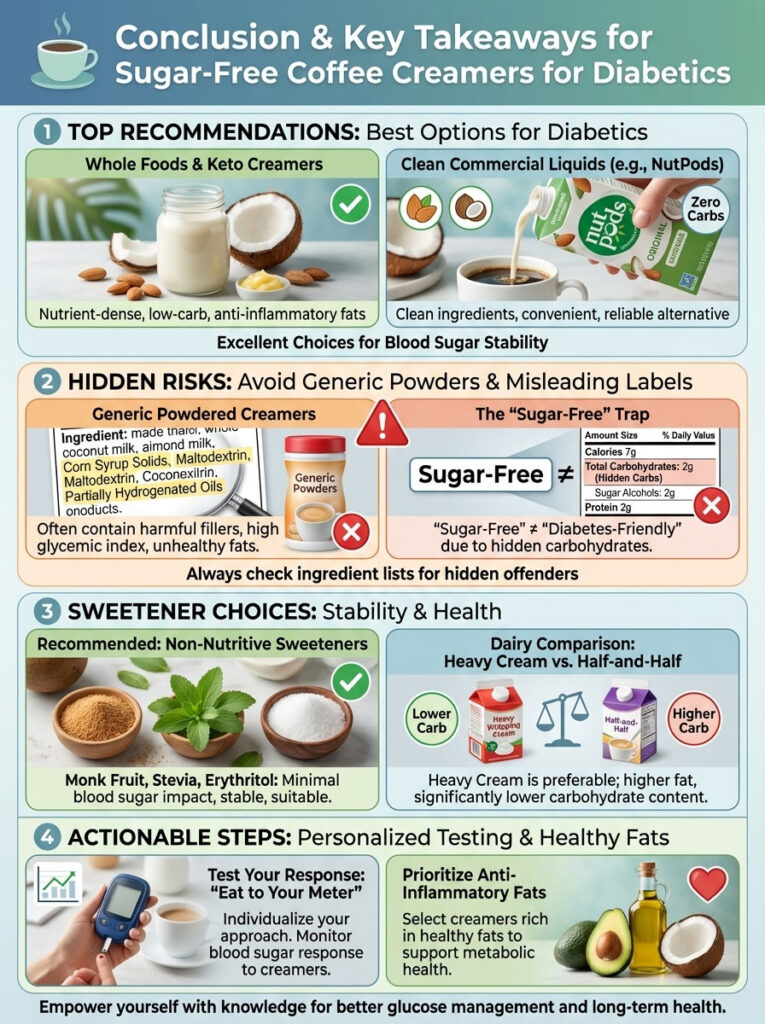 Infographic detailing sugar-free coffee creamers for diabetics, including recommendations, risks, and sweetener choices.