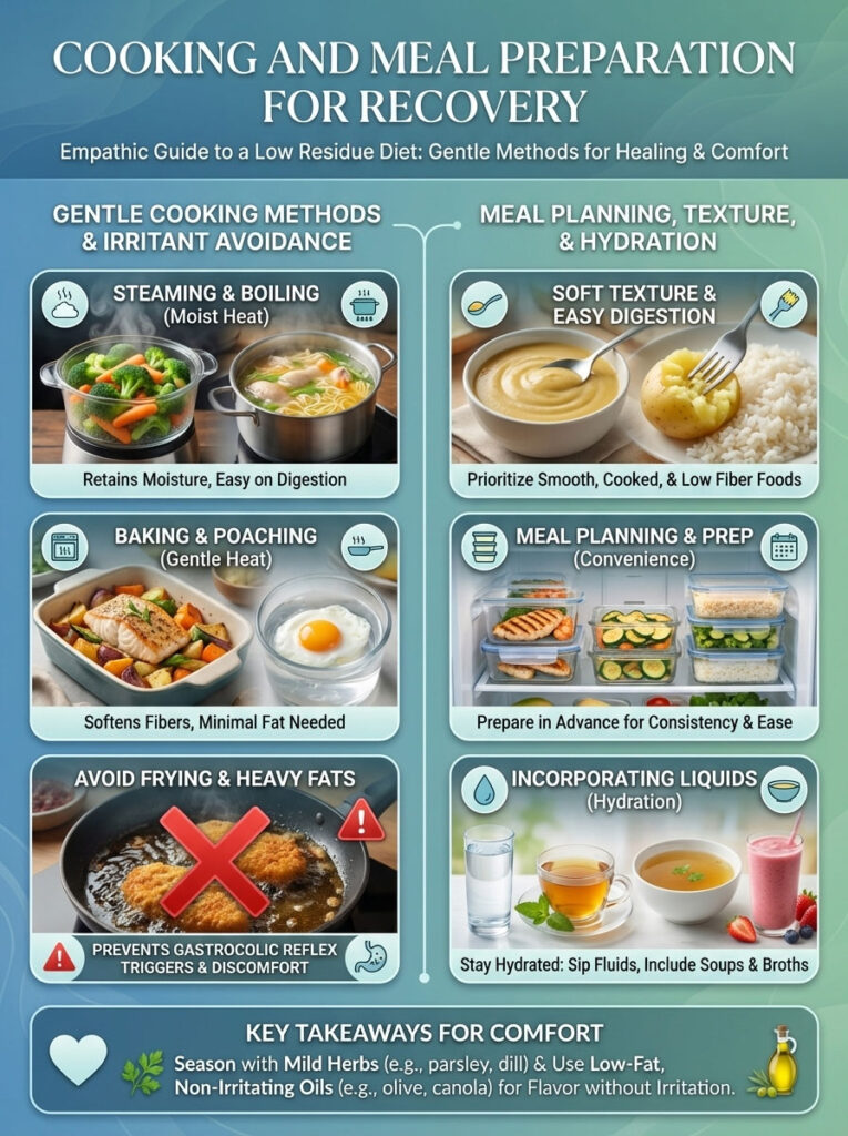 Infographic on cooking methods for recovery, featuring charts on steaming, baking, and meal planning tips.