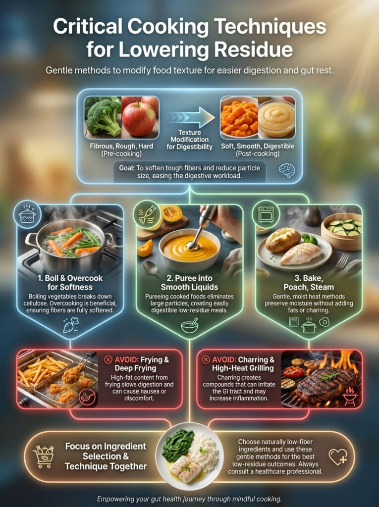 Infographic on cooking techniques for lowering residue, featuring methods like boiling, pureeing, and avoiding frying.