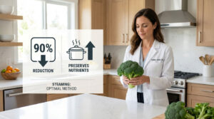 A woman in a lab coat holds fresh broccoli in a modern kitchen with a bowl of fruit nearby.