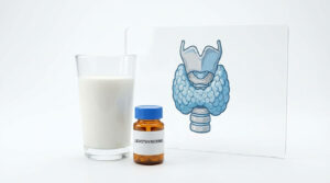 A glass of milk, a bottle of Levothyroxine, and a thyroid illustration on a white background.