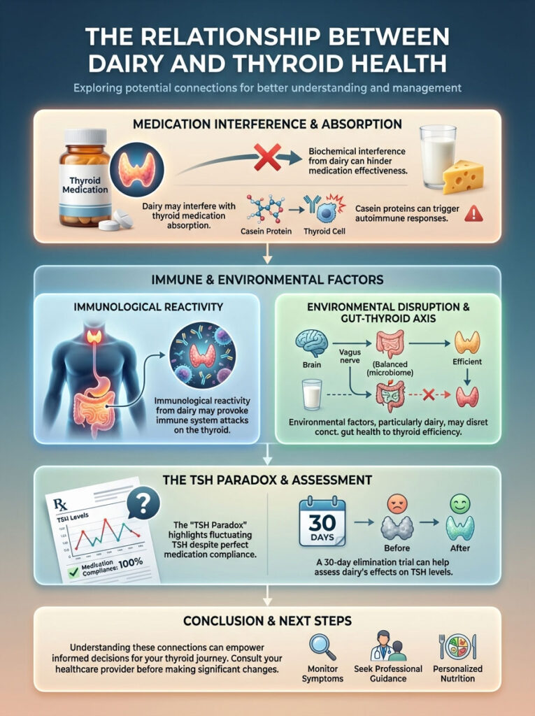 Infographic showing the relationship between dairy and thyroid health, detailing medication interference, immune factors, and TSH paradox.